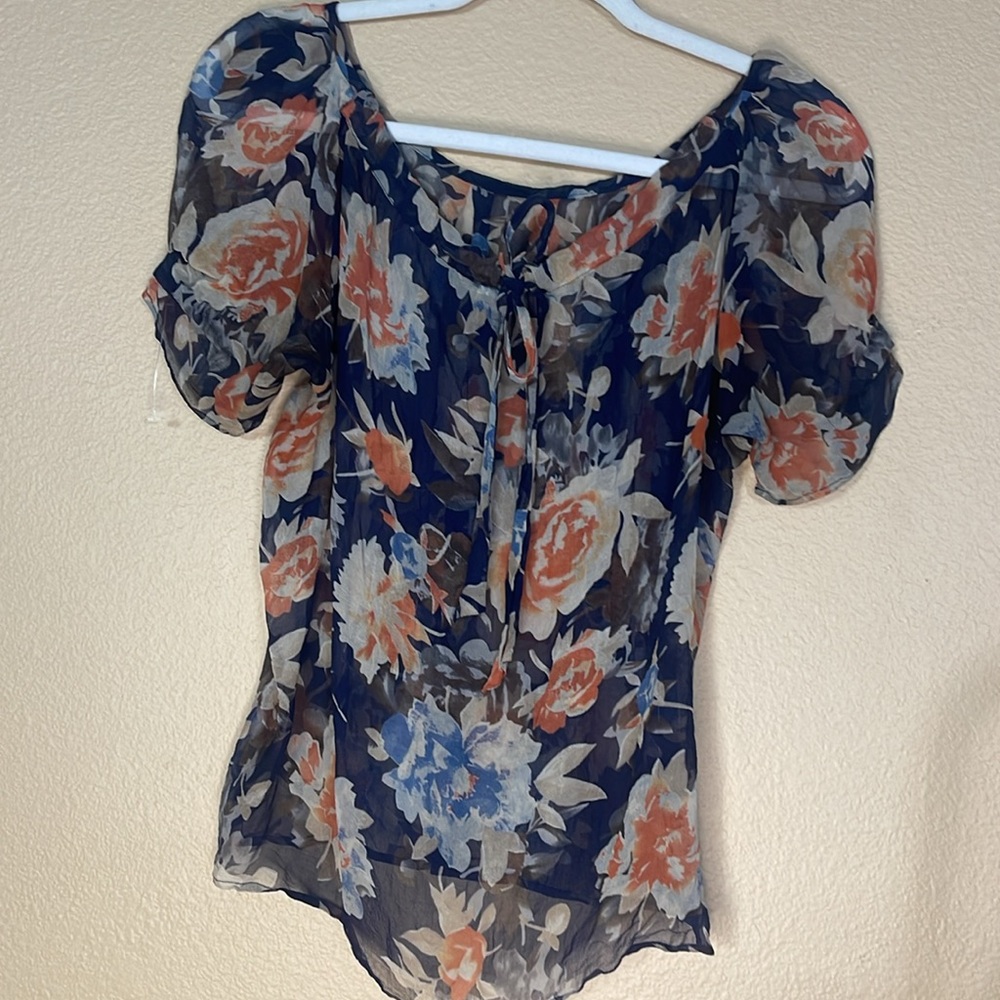Joie Sheer silk floral blouse with bow detail. Peachy orange, light blue S